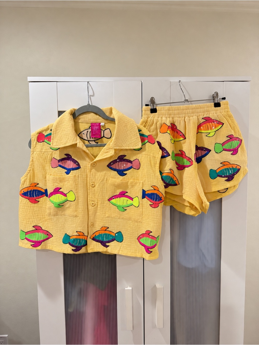 Queen of Sparkles Yellow Sequin Fish Top & Shorts Set XS Brand New